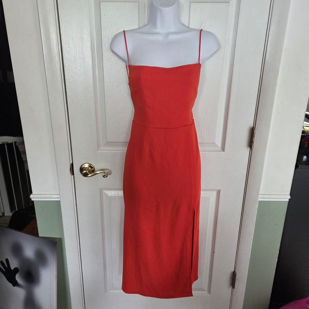 Babaton Aritzia Size 8 Orange Midi Dress Lace Up Open Back Square Neck Cocktail